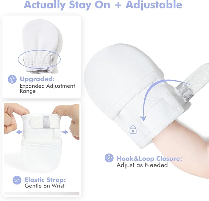 HAPIU Baby No Scratch Mittens Stay On, 100% Cotton Breathable, Adjustable Infant Gloves for Boys Girls, Newborn - 12 M