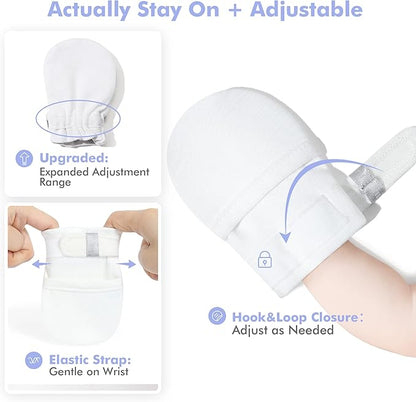 HAPIU Baby No Scratch Mittens Stay On, 100% Cotton Breathable, Adjustable Infant Gloves for Boys Girls, Newborn - 12 M