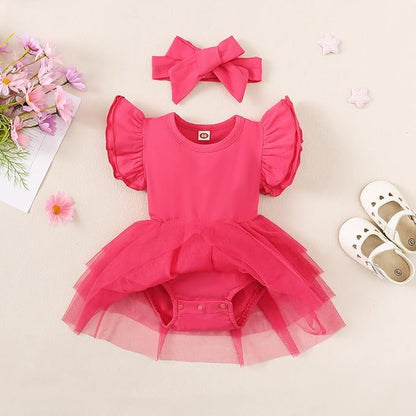 Baby Girl Clothes Infant Ruffle Sleeve Romper Dress Newborn Solid Tutu Skirt Sets Jumpsuit Headband Outfit