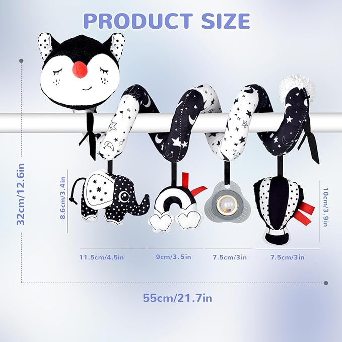 XIXILAND Musical Car Seat Toy Black and White Baby Toys, Infant Toys 0-6 Months Stroller Toy, High Contrast Newborn Developmental Gift for 0 3 6 9 12 Months Girls Boys Babies