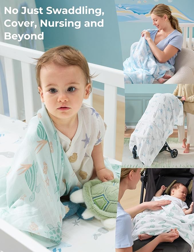 Momcozy Muslin Swaddle Blankets, Ultra Soft Neutral Registry Essentials, Marine Sea Sprite Magic, Breathable Large 47'' x 47'' Newborn Boys Girls Receiving Blanket