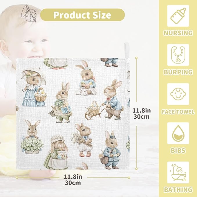 vvfelixl Easter Rabbits Bunny Baby Burp Cloths Baby Muslin Washcloths for Boys Girls Cotton Baby Face Towel for Newborn Infants Soft and Absorbent 11.8 X 11.8 in, 5 Pack