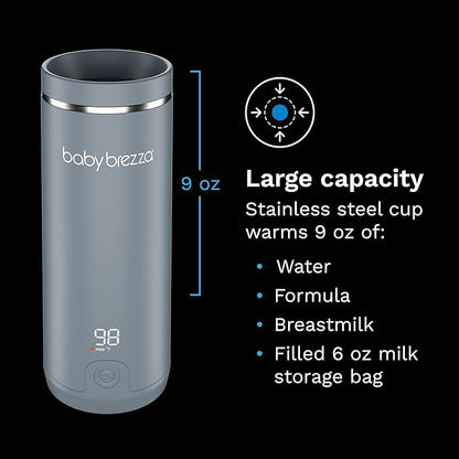 Baby Brezza Portable Warmer – 3X Faster Baby Bottle Warming - Travel Breastmilk and Formula Warmer - Safe, Even Heating - Up to 9oz - No Adapters, Grey