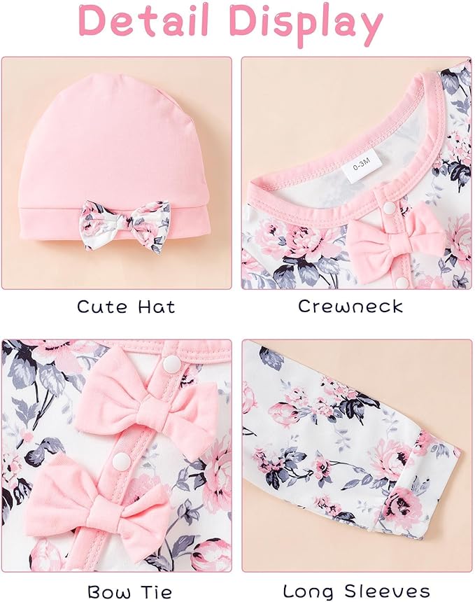 Mioglrie Newborn Baby Girl Clothes Long Sleeve Romper Infant Fall Winter Outfits Floral Hat Jumpsuit Preemie Girl Clothes