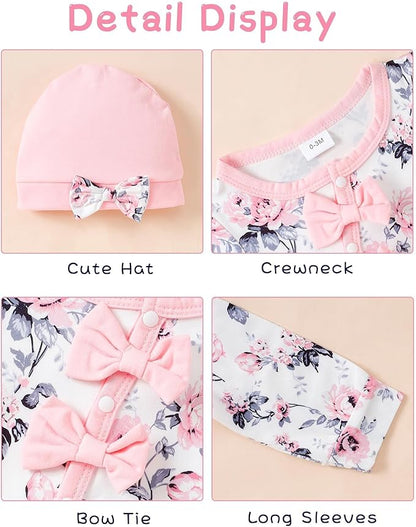 Mioglrie Newborn Baby Girl Clothes Long Sleeve Romper Infant Fall Winter Outfits Floral Hat Jumpsuit Preemie Girl Clothes