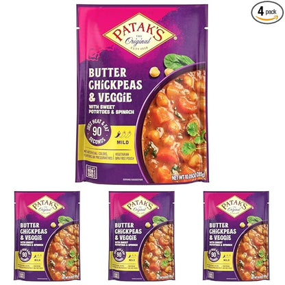 Patak's Butter Chickpeas & Veggies, 10.05 Oz (Pack of 4) Mild Curry with Chickpeas, Spinach, Carrots, Ready to Heat Vegetarian Meals
