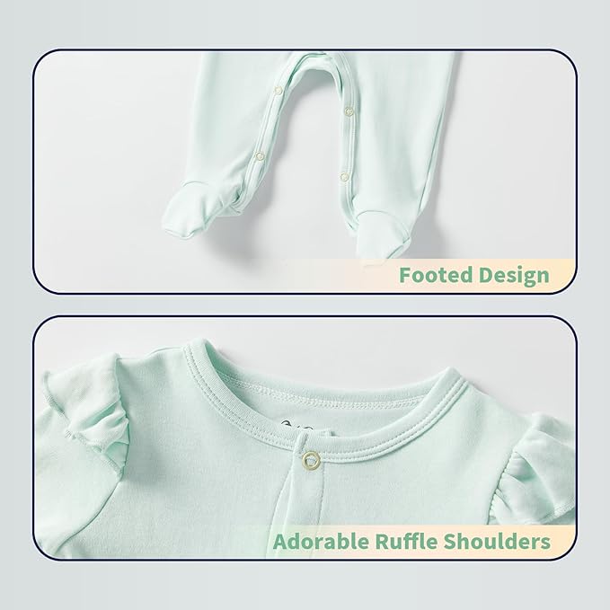 Baby Girls Ruffled Sleeve Footed Romper - 100% Cotton Snap Closure Jumpsuit with Small Pocket