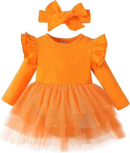 Baby Girl Clothes Infant Ruffle Sleeve Romper Dress Newborn Solid Tutu Skirt Sets Jumpsuit Headband Outfit