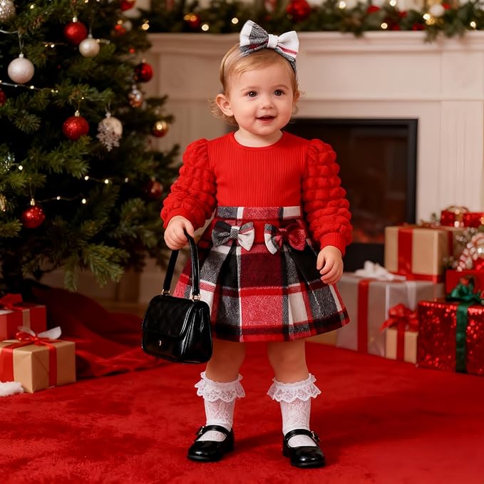 Toddler Baby Girl Plaid Dress Puff Sleeve Bow Patchwork Ribbed Shirts Dress Plaid Fall Winter Outfits with Headband