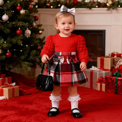 Toddler Baby Girl Plaid Dress Puff Sleeve Bow Patchwork Ribbed Shirts Dress Plaid Fall Winter Outfits with Headband