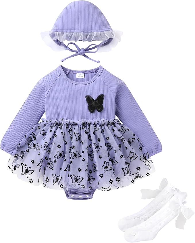YOUNGER TREE Newborn Baby Girl Romper Dress Outfits Long Sleeve Floral Tutu Bodysuit with Leggings Hat Infant Fall Clothes
