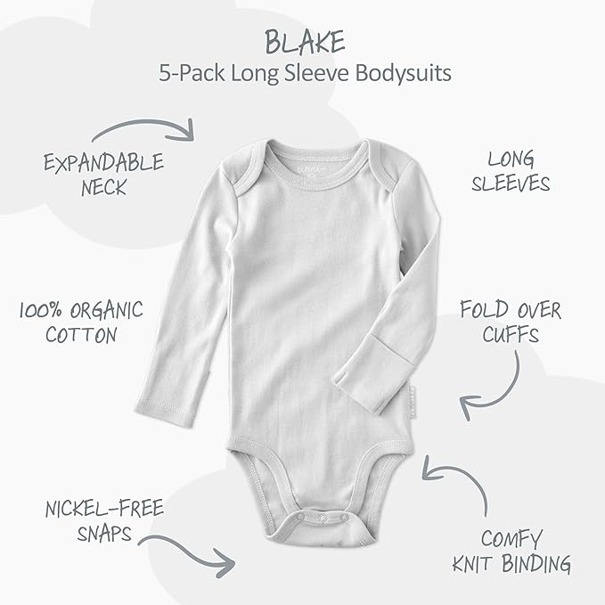 Blake 5-Pack Long Sleeve Bodysuits 100% Organic Cotton Baby Boys & Girls