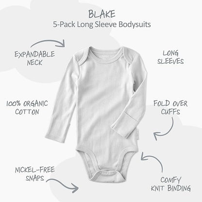 Blake 5-Pack Long Sleeve Bodysuits 100% Organic Cotton Baby Boys & Girls