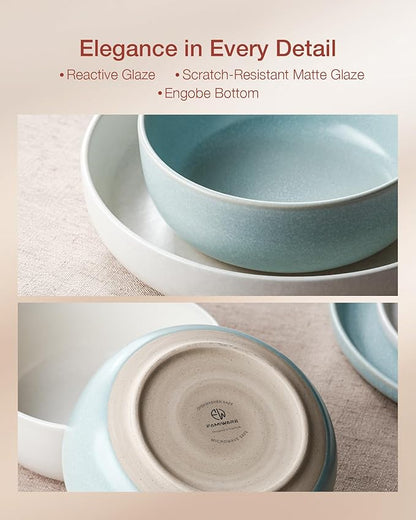 Famiware Milkyway Plates and Bowls Sets, 12 Pieces Dinnerware Sets, Reactive Glaze Dish Set, Stoneware Dishes Set for 4, Matte Beige White & Light Blue