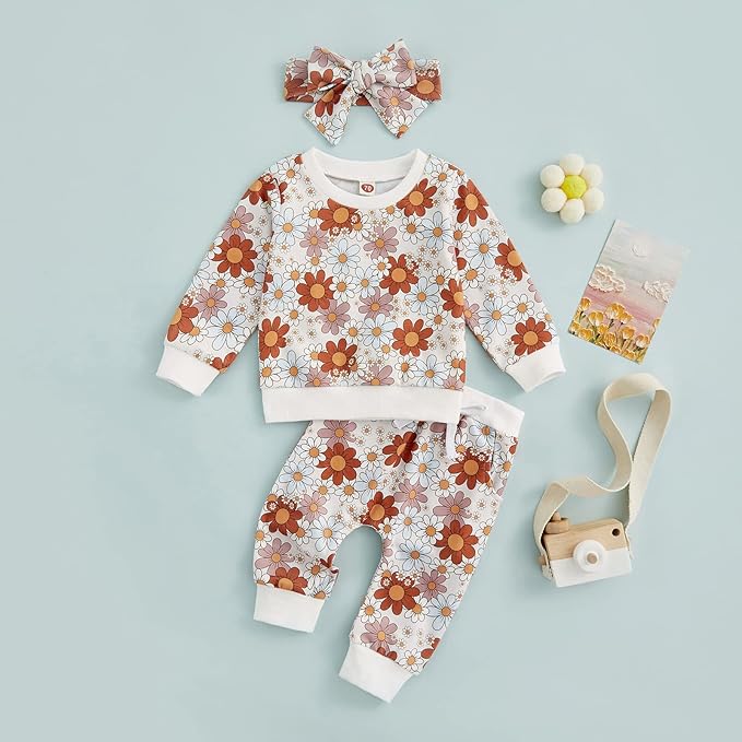 3Pcs Baby Girl Outfits Daisy Sweatshirt + Pants + Headband Infant Fall Winter Clothes