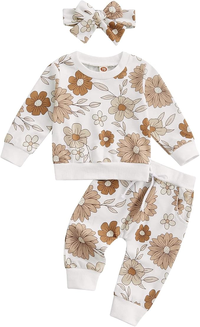 3Pcs Baby Girl Outfits Daisy Sweatshirt + Pants + Headband Infant Fall Winter Clothes