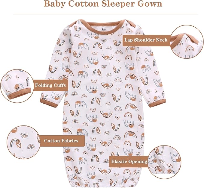 Baby Newborn Gown, 3 Packs Baby Sleeping Bag, Long Sleeve Sleep Sack, Cotton Cloths for Newborn Boys Girls 0-12 Months