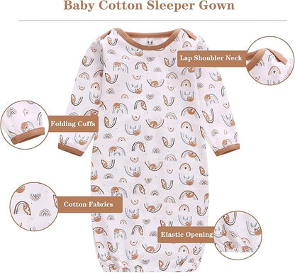 Baby Newborn Gown, 3 Packs Baby Sleeping Bag, Long Sleeve Sleep Sack, Cotton Cloths for Newborn Boys Girls 0-12 Months