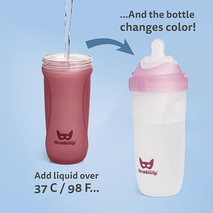 Herobility Glass Baby Bottle - 11 fl oz/320 ml - 3 Pack | Heat Sensing Color-Changing Bottle with Double Anti-Colic Nipple - Silicone Coating - Breastlike Nipples for Newborn Babies - Teal Color