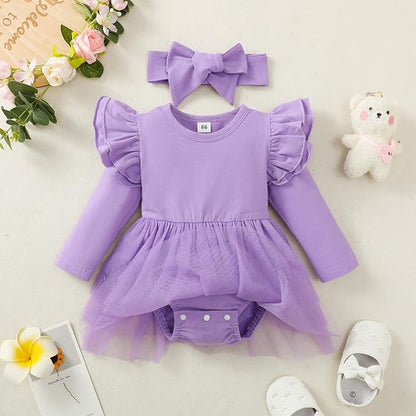 Baby Girl Clothes Infant Ruffle Sleeve Romper Dress Newborn Solid Tutu Skirt Sets Jumpsuit Headband Outfit