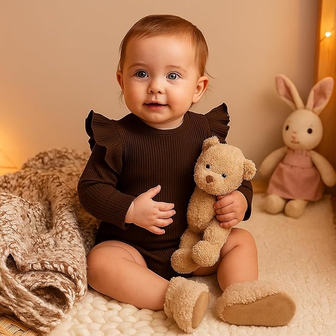 ROMPERINBOX Baby Girl Bodysuit 2 Pack, Long Sleeve Ribbed Knitted Onsies Ruffle Collar and Flutter Sleeve Fall Winter Clothes