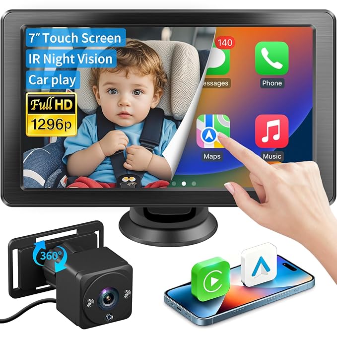 Baby Car Camera, 1296P HD Car Baby Monitor with 7" Touchscreen, CarPlay, No‑Glow Night Vision, 150° Wide Angle, Live Rear‑Seat View, Easy Installation, Alternative to Rear Facing Mirrors