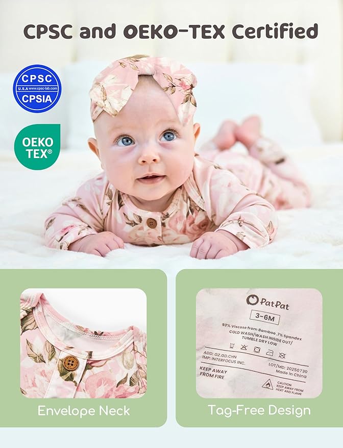 PATPAT Baby Sleeper Gown with Bamboo Viscose for Newborn Girls Boys, Knotted Nightgown with Mittens for Infant Home Coming
