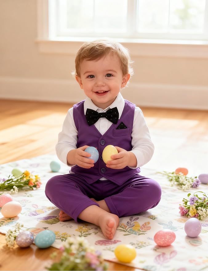 A&J DESIGN Baby Boy Suits Clothes Infant Toddler Formal Gentleman Outfits, Dress Shirt + Vest + Bow Tie + Pants Wedding Set