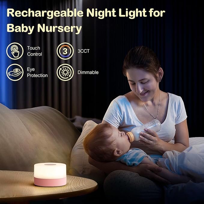 JUSHENG Night Light for Baby Nursery, Rechargeable LED Touch Light with 3CCT & Stepless Dimming Function, Portable Bedside Lamp Tap Lights Battery Powered for Breastfeeding, Kids, Nightstand-Pink