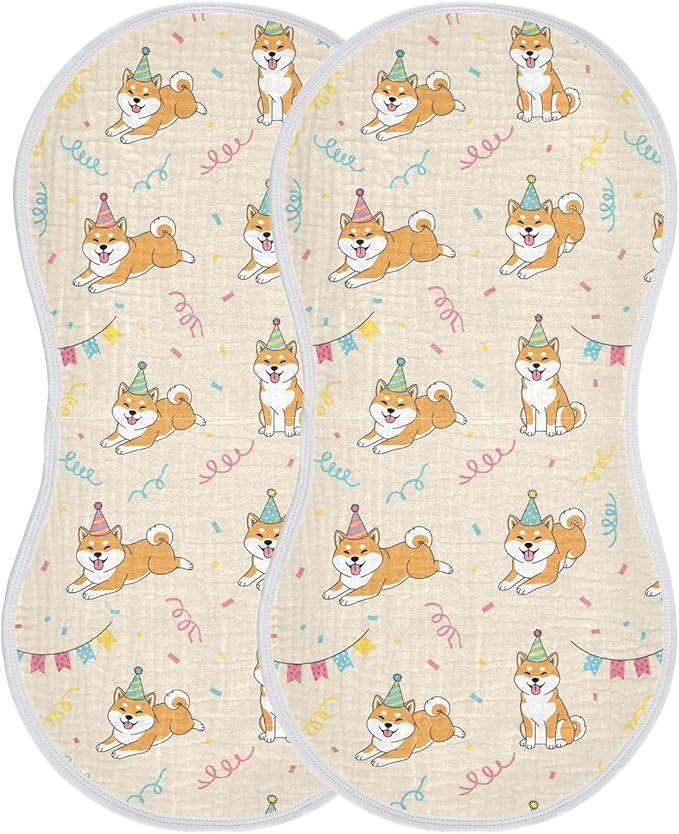2 Pack Muslin Burp Cloths Shiba Dogs Party Beige Cotton Baby Burp Cloths Extra Absorbent and Soft Burping Cloth for Baby Boys Girls 22x11 Inch