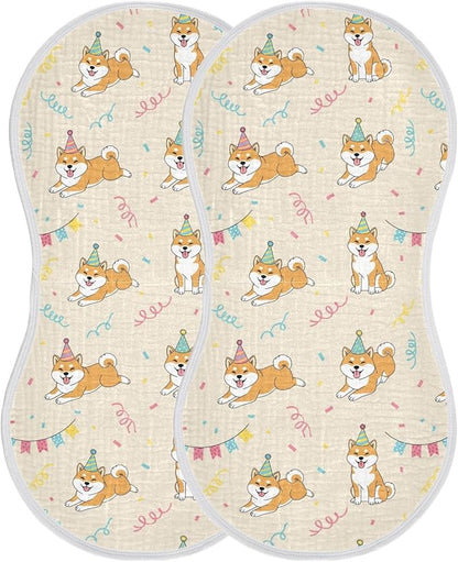 2 Pack Muslin Burp Cloths Shiba Dogs Party Beige Cotton Baby Burp Cloths Extra Absorbent and Soft Burping Cloth for Baby Boys Girls 22x11 Inch