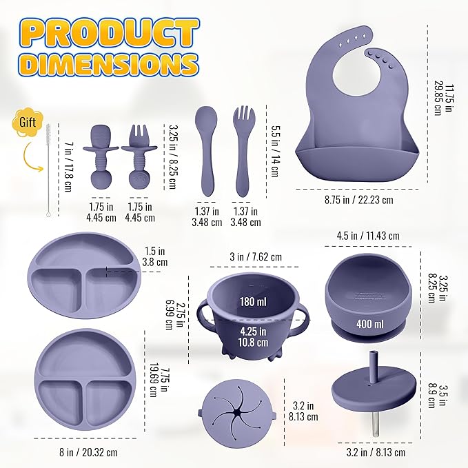Baby Led Weaning Supplies | 10 Piece Silicone Feeding Set | Baby Toddler Bib Cup Divided Plate and Bowl Self Feeding Spoons Dish Set | Baby Utensils | Toddler Feeding Supplies (Lavender)