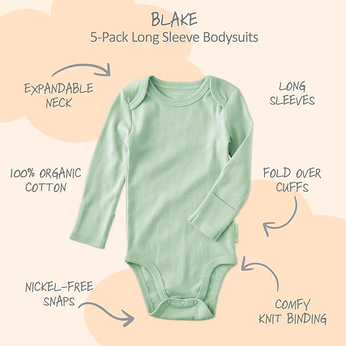 Blake 5-Pack Long Sleeve Bodysuits 100% Organic Cotton Baby Boys & Girls