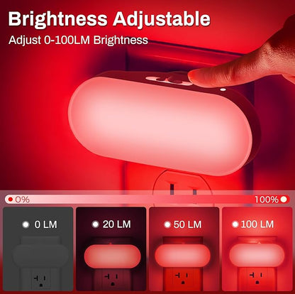DORESshop Red Night Light, Auto On/Off, 0-100 LM Adjustable Brightness, Dimmable Plug Into Wall Light Sensor Night Light for Kids Room, Bedroom, Stair Lights, 1W, 2 Pack