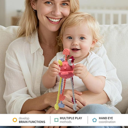 Silicone Baby Sensory Montessori Toys & Pull String Teething Toys for 6-12-18 Months, Toddler Birthday Gift Car Seat Airplane Travel Toy for 1 2 Year Old Boy Girl Infant 8 9 10 Months Old (Red)