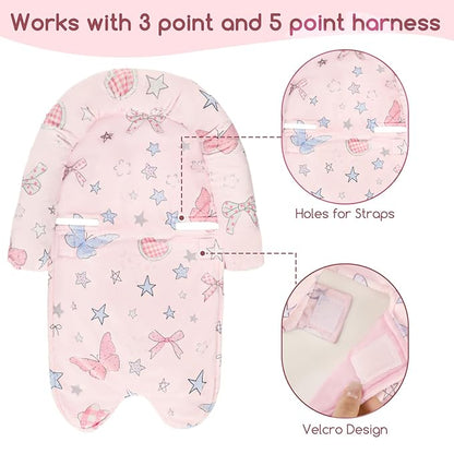 GFU Baby Car Seat Head Support for Newborn, 2 in 1 Infant Car Seat Head Body Support with Strap Pads, Soft Stroller Cushion Pillow Insert for Girls, Fits for Stroller, Swing, Pink Stars