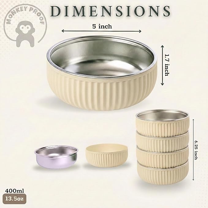 Monkey Proof™ Non-Toxic Stainless Steel Child Bowl 5” with Non-Slip Grooved Silicone Shell, (Set of 4 bowls) Unbreakable, Mess Free Feeding for Babies, Toddlers, Kids, BPA free (Sand Grooved)