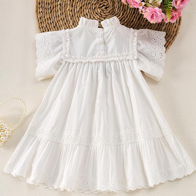 Summer Toddler Girls’ Cotton - Spandex Frilled Princess Dress with Lace Trim and Flutter Sleeves