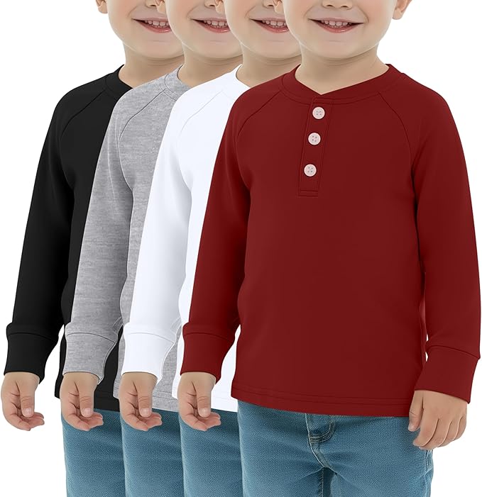 4 Pack Boys' Long Sleeve Shirts Girls' Henley Tees Toddler Baby Knit Casual Tops Kids Fall Clothes Unisex