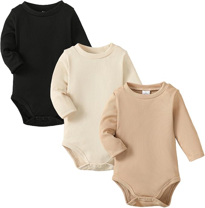 OPAWO Long Sleeve Onsies for Baby Girls' Bodysuits Newborn 3 Pack Infant Ribbed Fall Baby Girl Romper Undershirt
