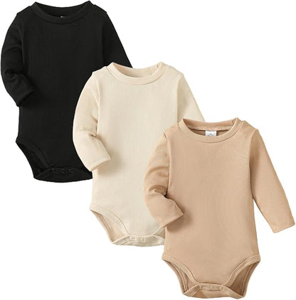 OPAWO Long Sleeve Onsies for Baby Girls' Bodysuits Newborn 3 Pack Infant Ribbed Fall Baby Girl Romper Undershirt