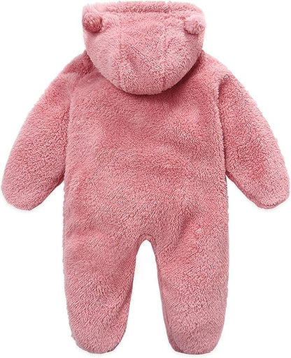 Baby Furry Jumpsuit Infant Bear Onesies Zipper Long Sleeve One-Piece Romper Hoodie Baby Outwear Snowsuit