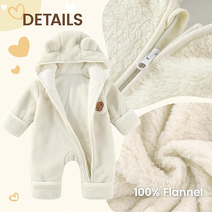 JiAmy Baby Snowsuit Newborn Fleece Winter Clothes With Flod-Over Zipper Baby Bear Hooded Thick Outfits
