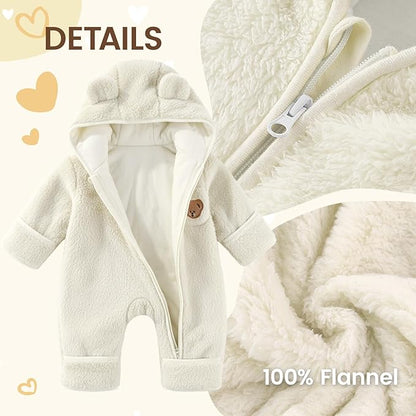 JiAmy Baby Snowsuit Newborn Fleece Winter Clothes With Flod-Over Zipper Baby Bear Hooded Thick Outfits
