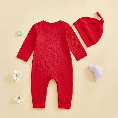 Baby Valentines Outfit Girl Boys Long Sleeve Footie Rib Onesie knot Hat Spring Clothes Newborn Outfits Infant Set