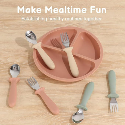 6 Pack Toddler Utensils, kids Silverware with Silicone Handle, 18/8 Stainless Steel Children Safe Spoons and Forks Set Baby Feeding Essentials, Dishwasher Safe