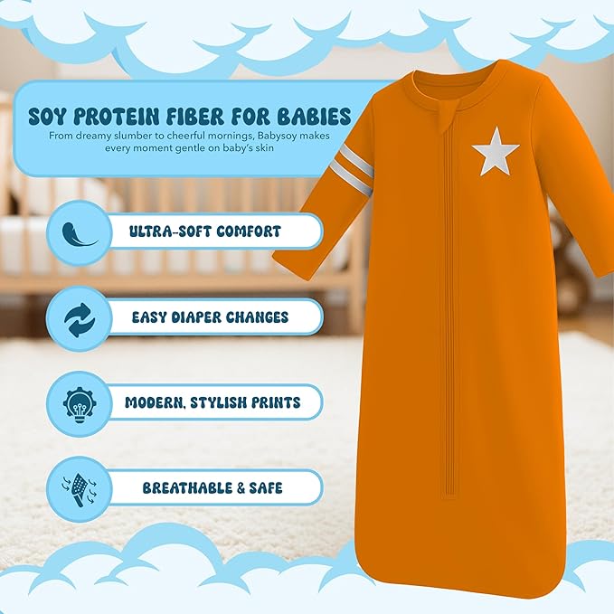 Babysoy Long Sleeve Wearable Blanket Sleep Sack, Infant to Toddler Sleeping Bag, Choose from size 0-24 Months