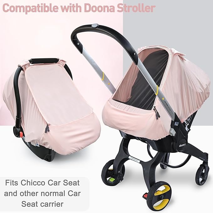 Baby Car Seat Cover,Sunproof Car Seat Canopy for Babies, Extra Large Mesh Window Baby Car Seat Sun Shade Cover, Infant Carseat Covers for Summer/Autumn Use(Pink)