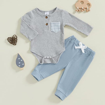 fhutpw Baby Boy Clothes 3 6 12 18 Months Ribbed Knitted Long Sleeve Romper and Pants Sets Newborn Fall Splicing Color Outfits
