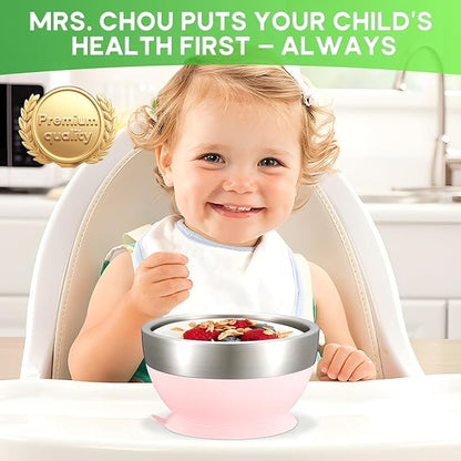 Suction Bowl and Spoon Set for Babies and Toddlers Non-Slip Silicone Suction Cups, Advanced 304 Stainless Steel Bowls, Double-Layer Insulation, and BPA-Free Lids Food-Grade Safety PINK
